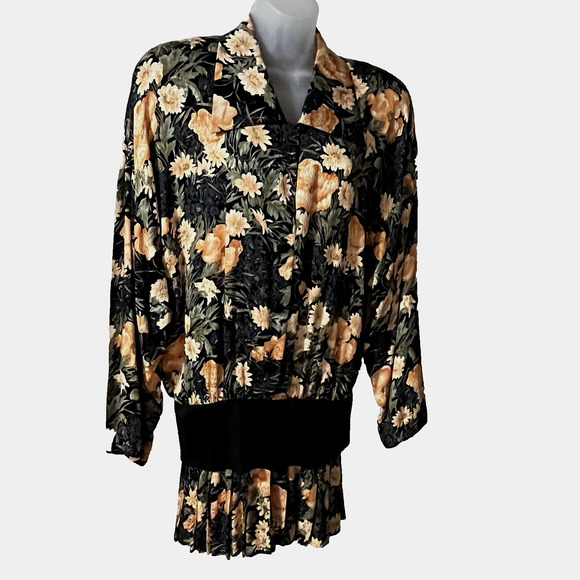 Norma Walters Dress Blouson 100% Silk Floral Multicolor Pleated Flapper Size 12 - Picture 1 of 11